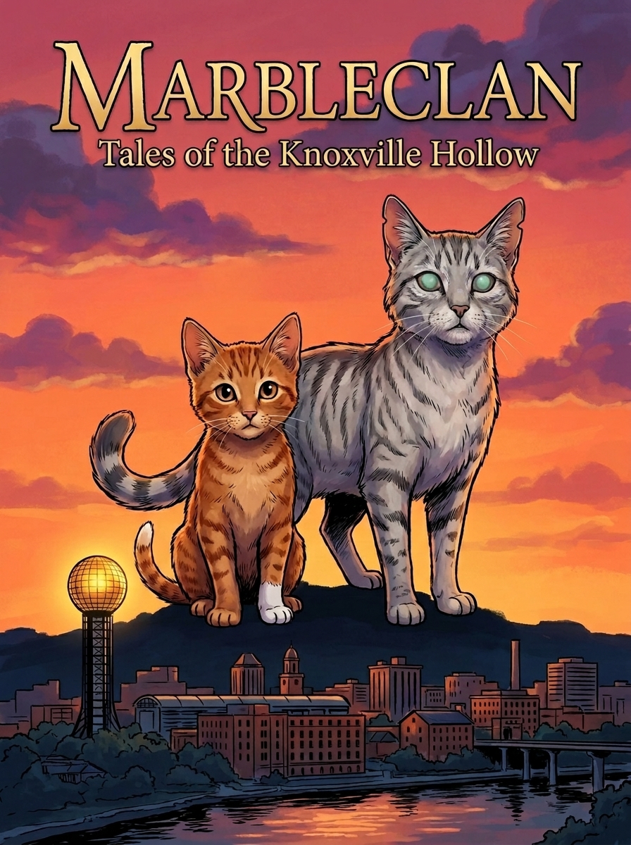 MarbleClan: Tales of the Knoxville Hollow — cover art showing two cats at sunset over the Knoxville skyline