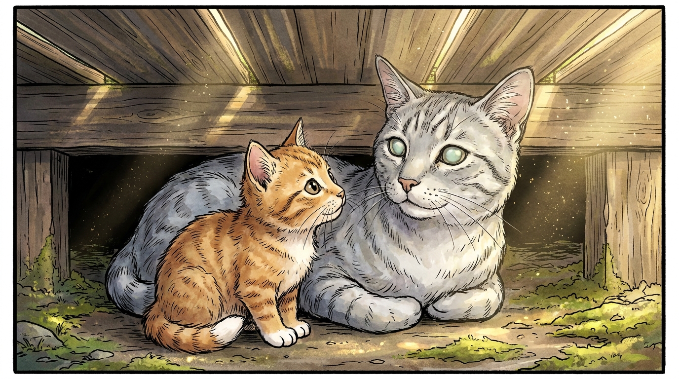 Acornpaw and Celerypaw sitting under a wooden porch at dawn