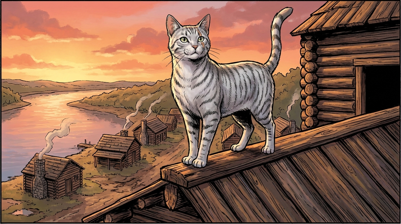 Whitewhisker the cat standing on the rooftop of James White's frontier fort at sunset