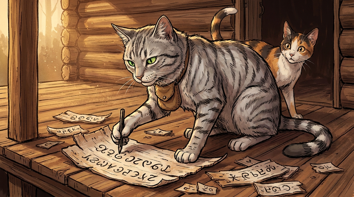 Markpelt the silver tabby cat drawing Cherokee syllabary characters on birch bark