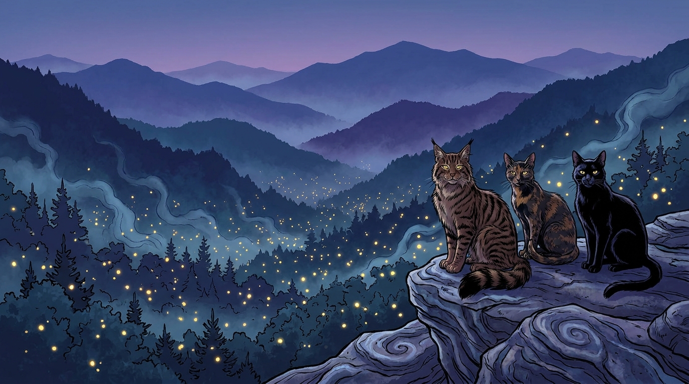 MountainClan cats overlooking a Smoky Mountain valley filled with synchronous fireflies