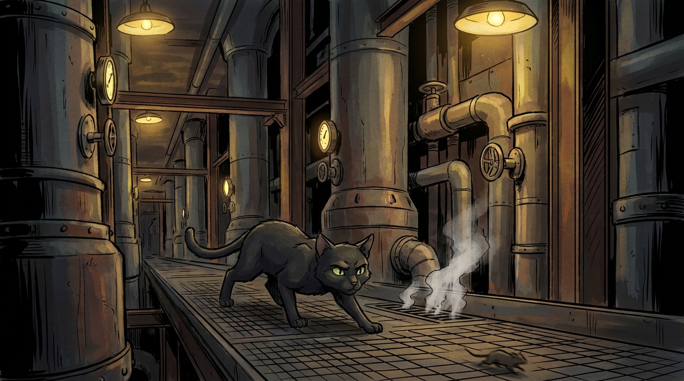 Quietpaw the black cat patrolling the catwalks of the K-25 building