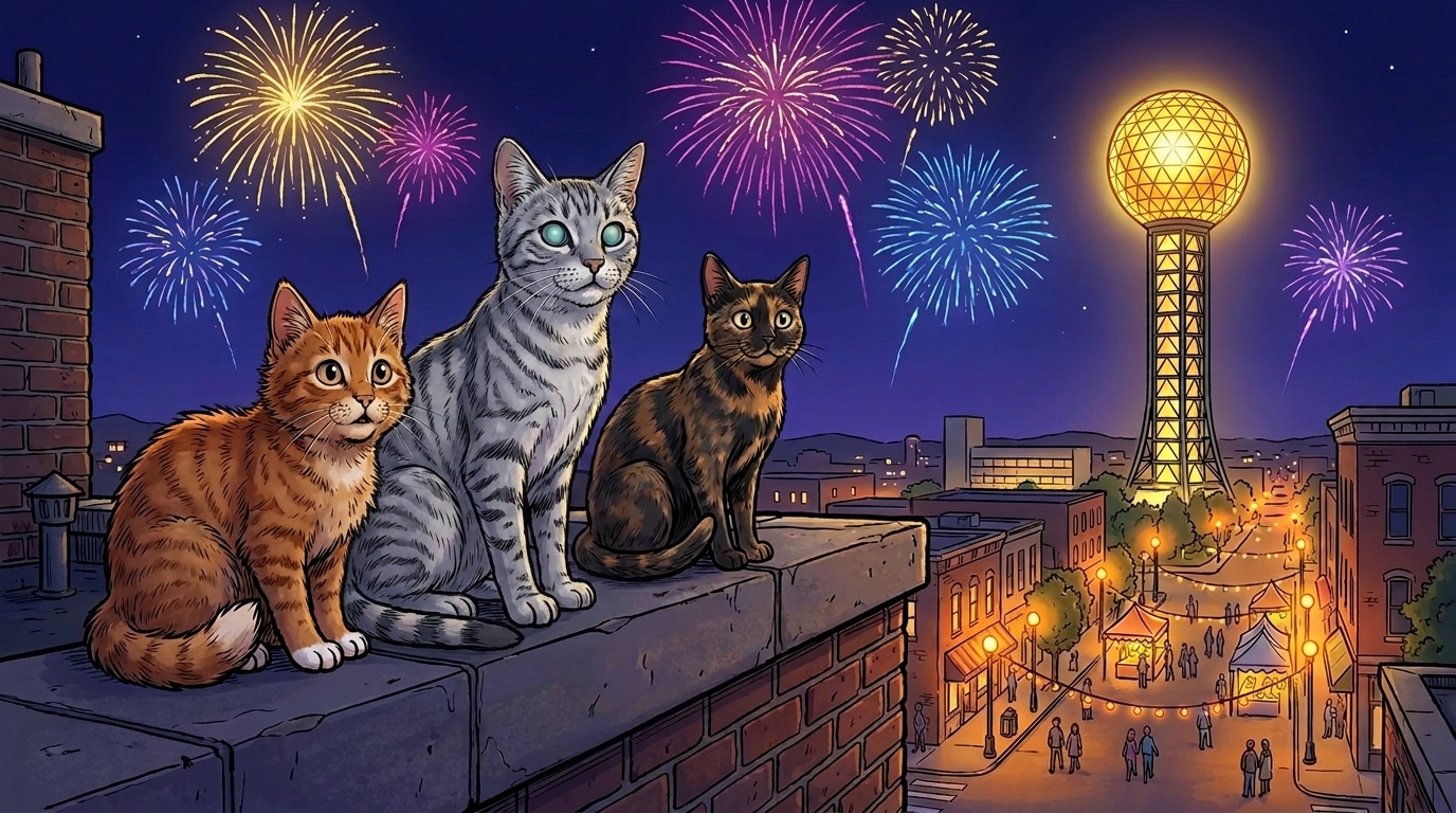 Cats on a Knoxville rooftop watching the Sunsphere during the 1982 World's Fair