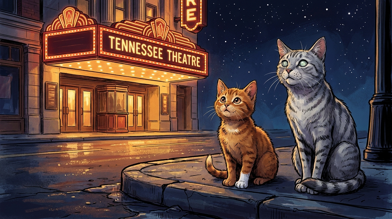 Acornleap and Celeryflight outside the Tennessee Theatre at night