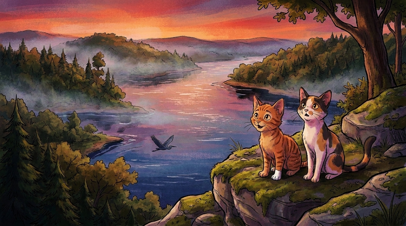 Three rivers meeting at dawn from a high bluff