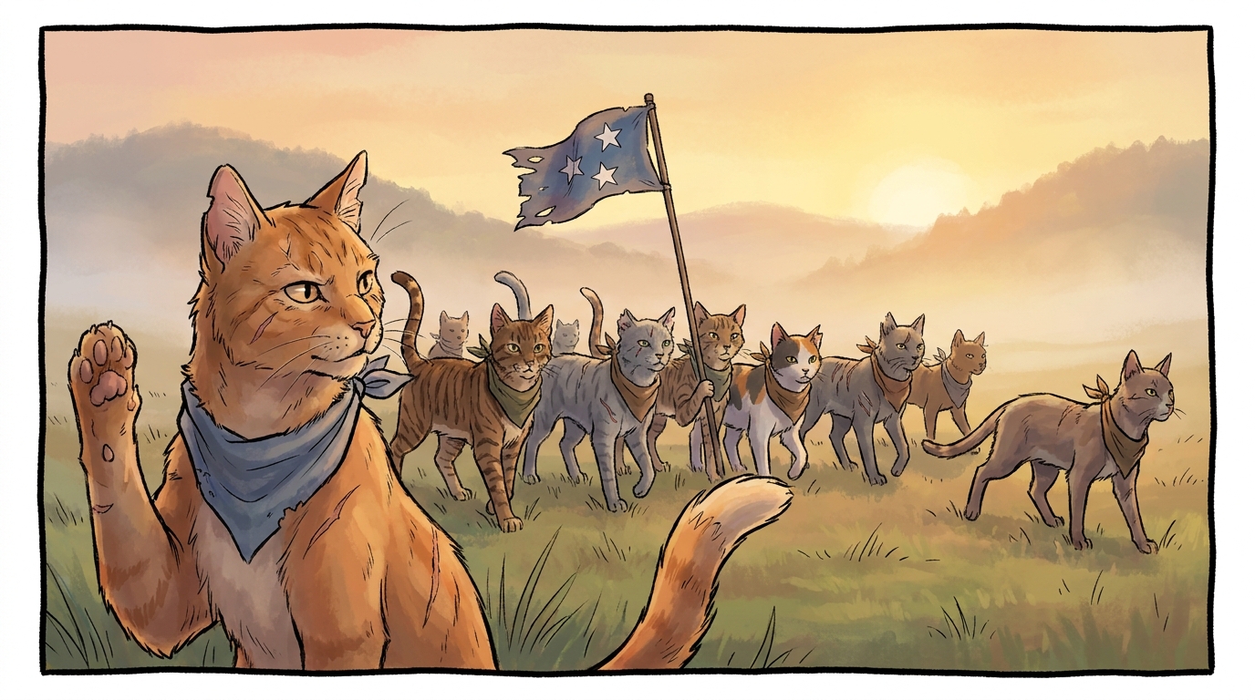 Tennessee militia cats marching at dawn under a starry flag