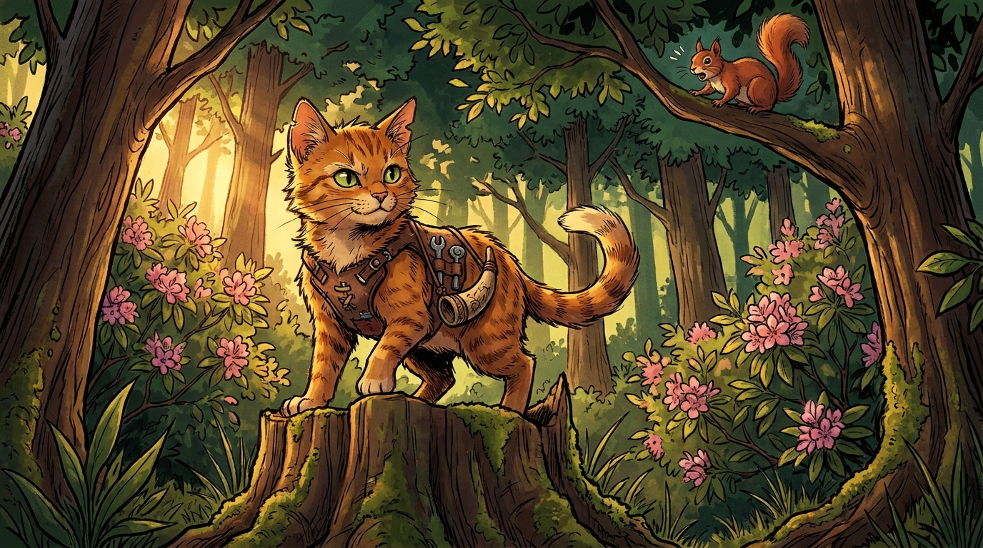 Wildwhisker the frontier cat on a stump in the East Tennessee woods