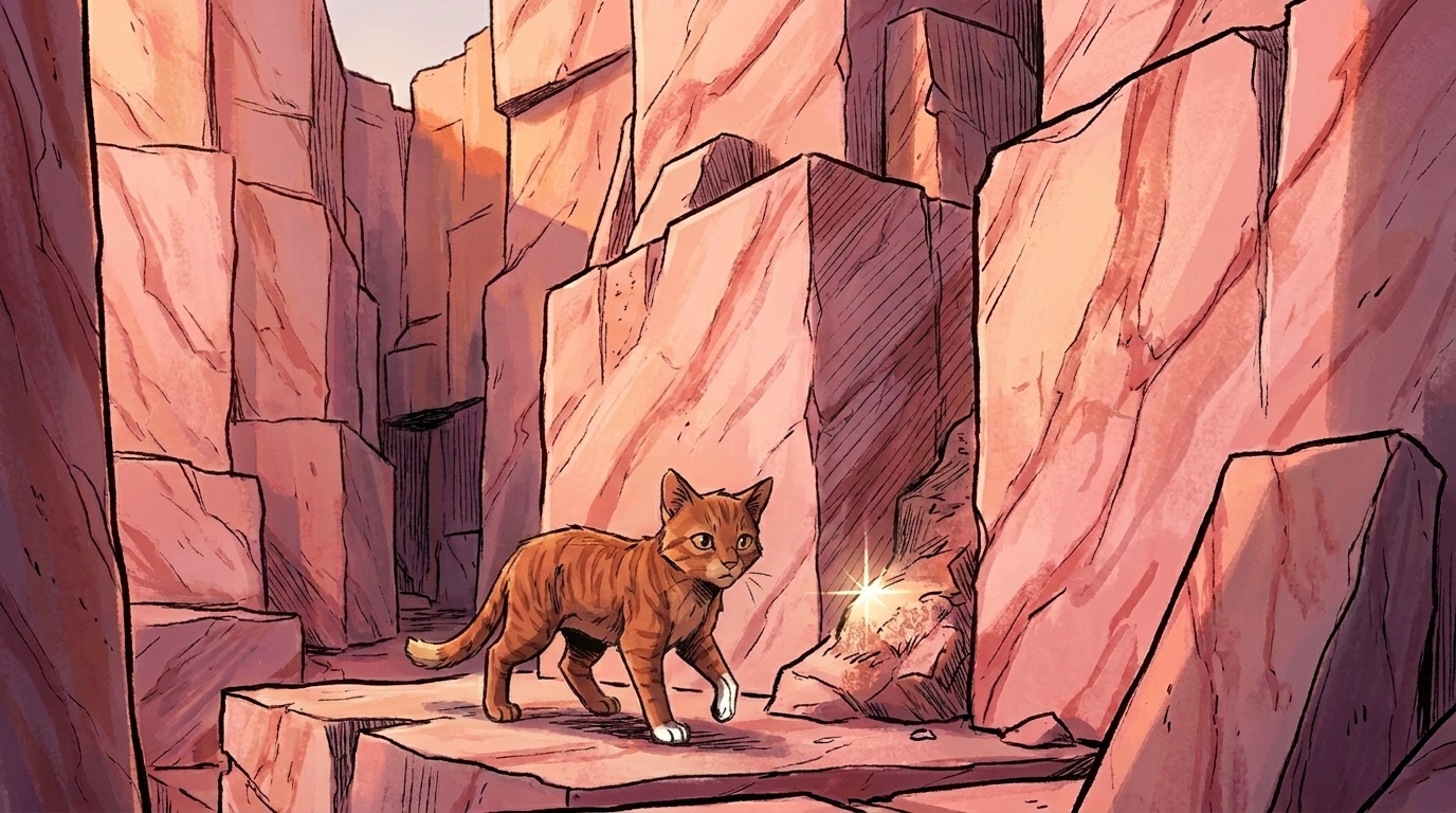 Acornpaw alone in a strange landscape of pink marble blocks