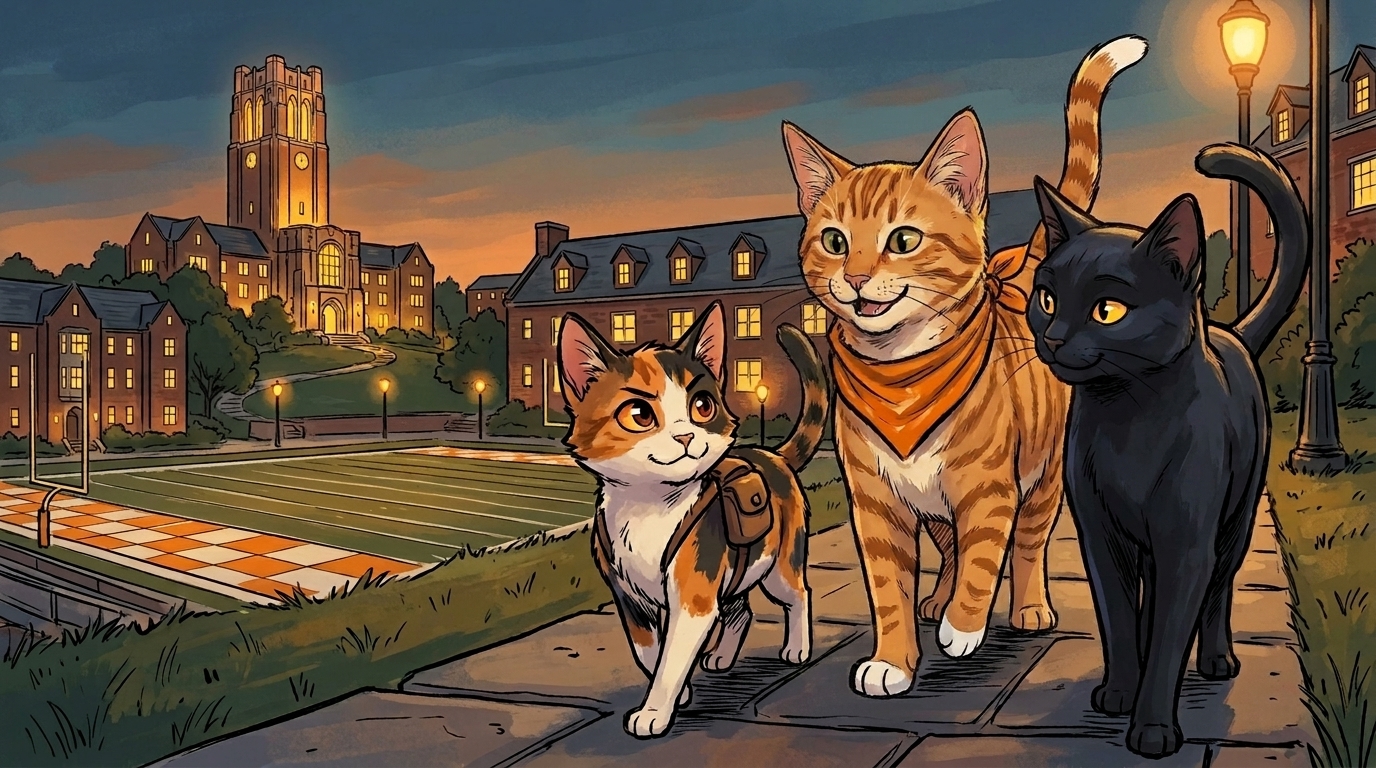 Smokey and Onyx walking Celerypaw across the UT campus at twilight