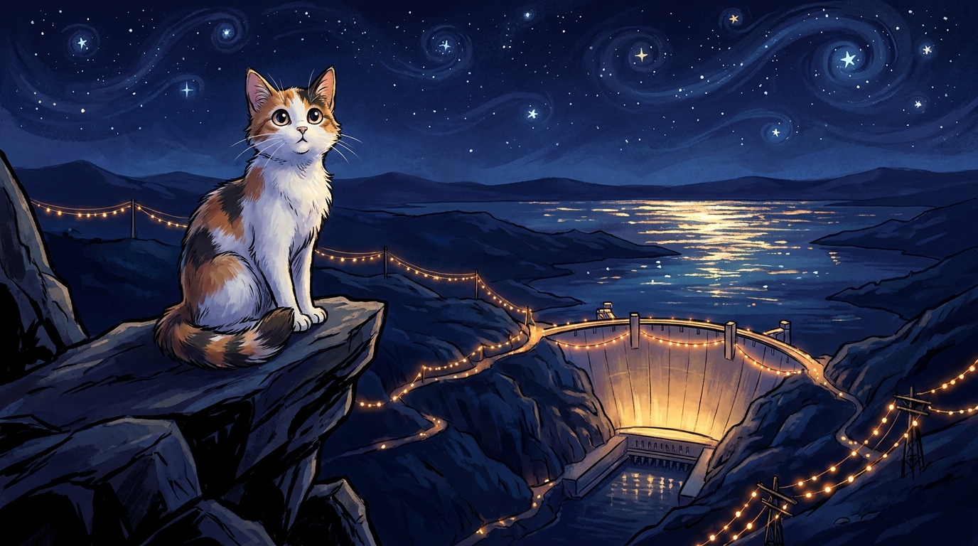 Celerypaw on a bluff at night looking across to a glowing dam