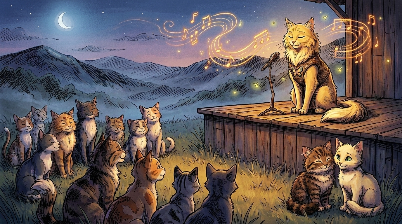 Singer the gold cat on a mountain stage with audience cats