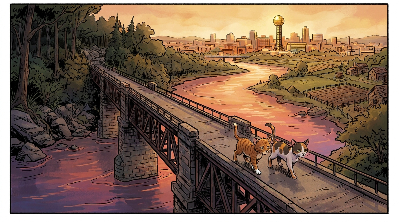 Two cats walking across an iron bridge toward Knoxville at sunset